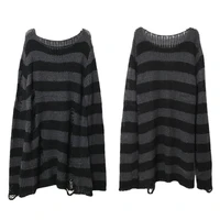 New Punk Gothic Long Unisex Sweater Summer Women Striped Cool Hollow Out Hole Broken Jumper Loose Rock Thin Dark Streetwear Top - Image 6