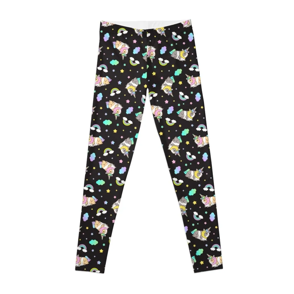 Guinea pig Pattern_Kawaii Guinea pig in Unicorn costume kawaii Pattern in Black Background Leggings