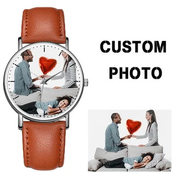 Orologio con cinturino in vera pelle marrone con bordo argento per personalizzazione stampa fotografica personalizzata orologi OEM regalo di compleanno