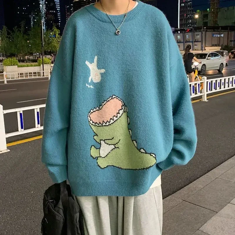 Men's sweater knitted long-sleeved round neck trend loose pullover autumn retro versatile color collision personality sweater