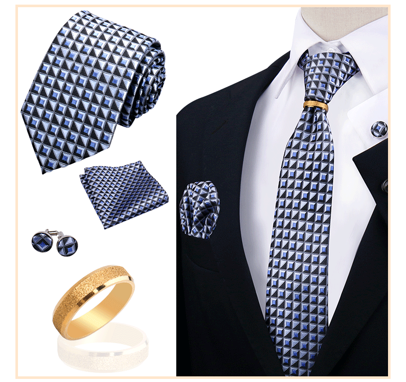 Männer Krawatten mit Ring Brosche Pin Set Marke Designer Paisley Plaid Krawatte Taschentuch Manschettenknöpfe Hochzeit Party Geschenk Männer Zubehör – Detail 9