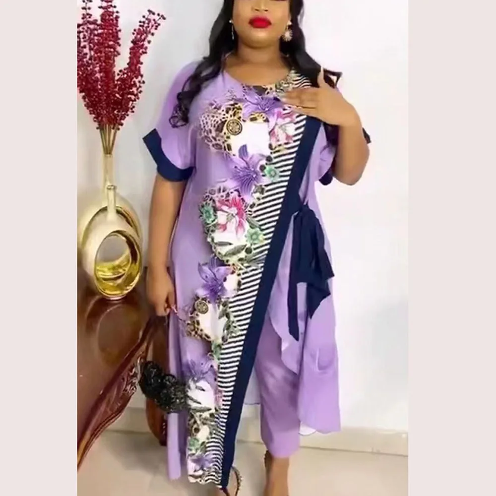 

Африканские женские элегантные комплекты из 2 предметов, фиолетовая блузка с принтом и длинные брюки, модные деловые офисные подходящие комплекты, Новинка