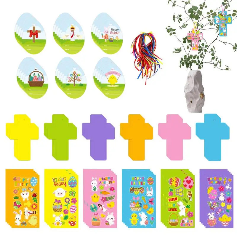 

Kids Easter Basket Stuffers 120 Pieces Paper Craft Stickers 30 Easter Stickers 30 Egg Cards 30 Ribbons 30 Background Cards For