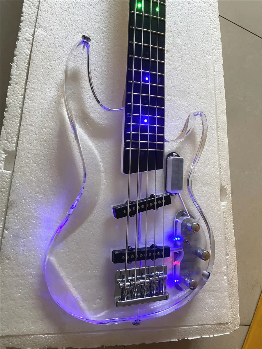 High quality acrylic transparent crystal Plexiglas 5 string electric bass color LED lights Free shipping