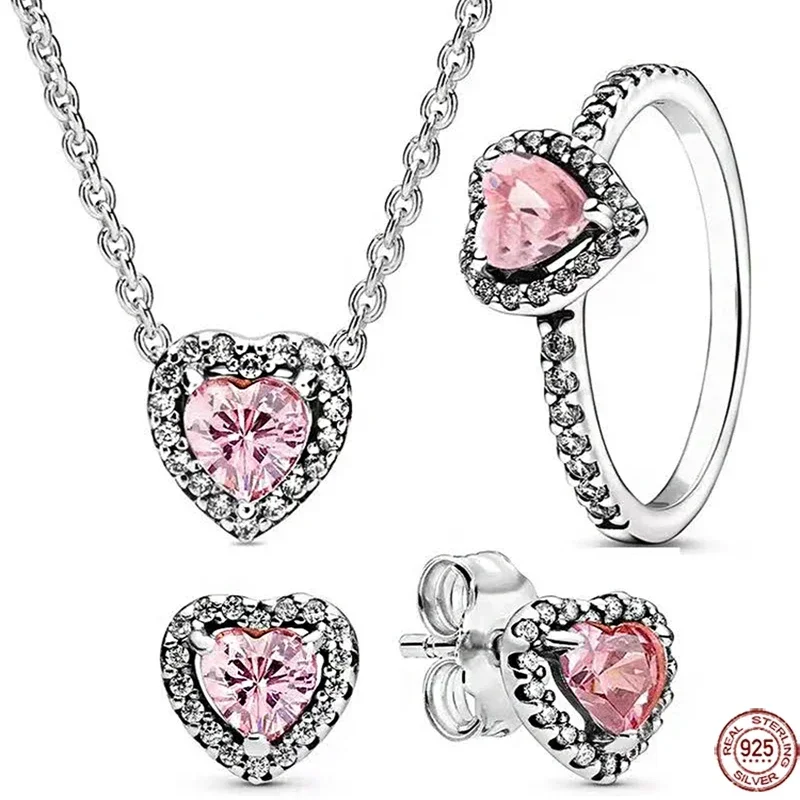 

New Women's Jewelry Set 925 Sterling Silver Pink Crystal Heart shaped Earrings Necklace Charm Bracelet Fashion Exquisite Gift