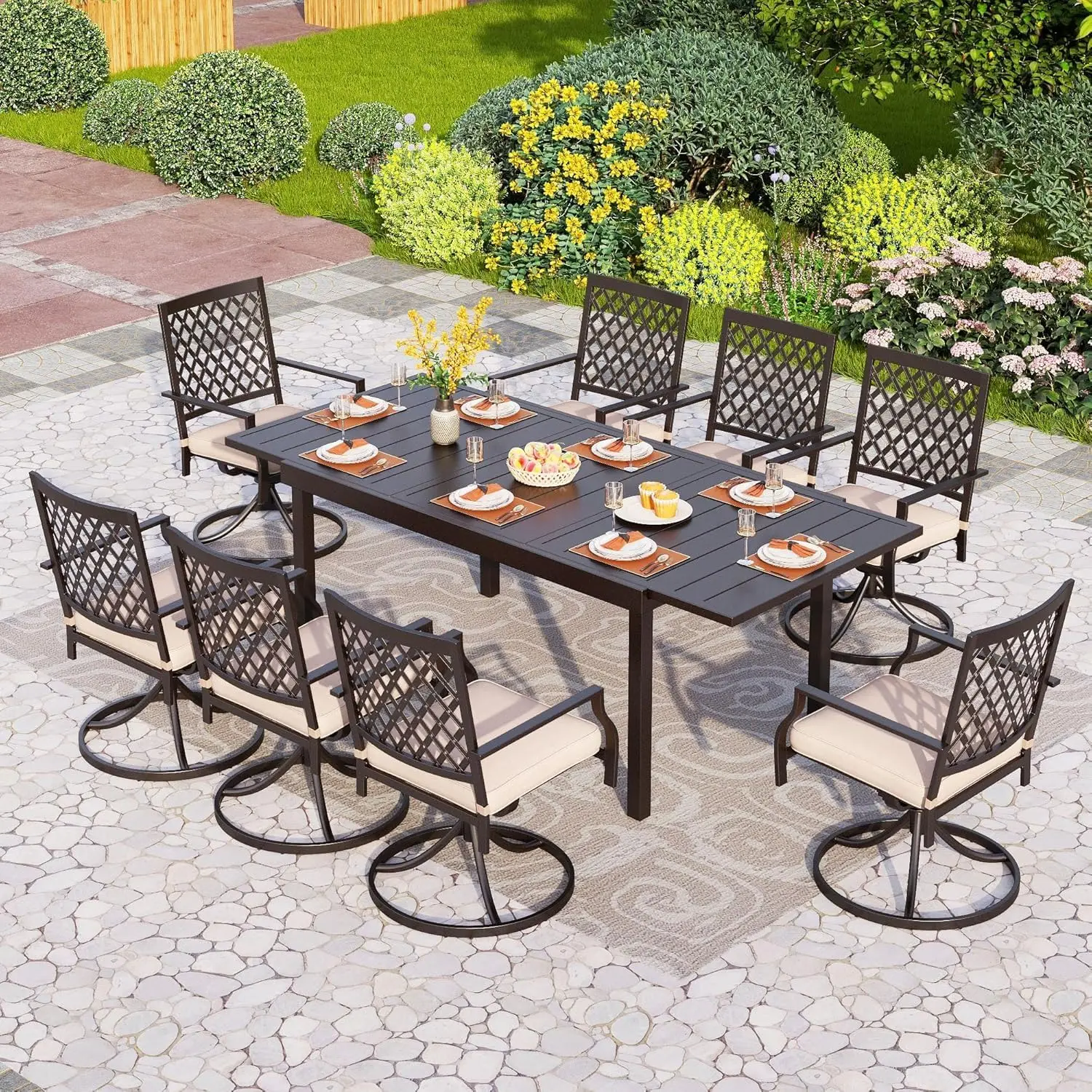 Large Rectangle Metal Wrought Iron Dining Table for 6-8  Expandable Outdoor  Extendable Table Dining Furniture