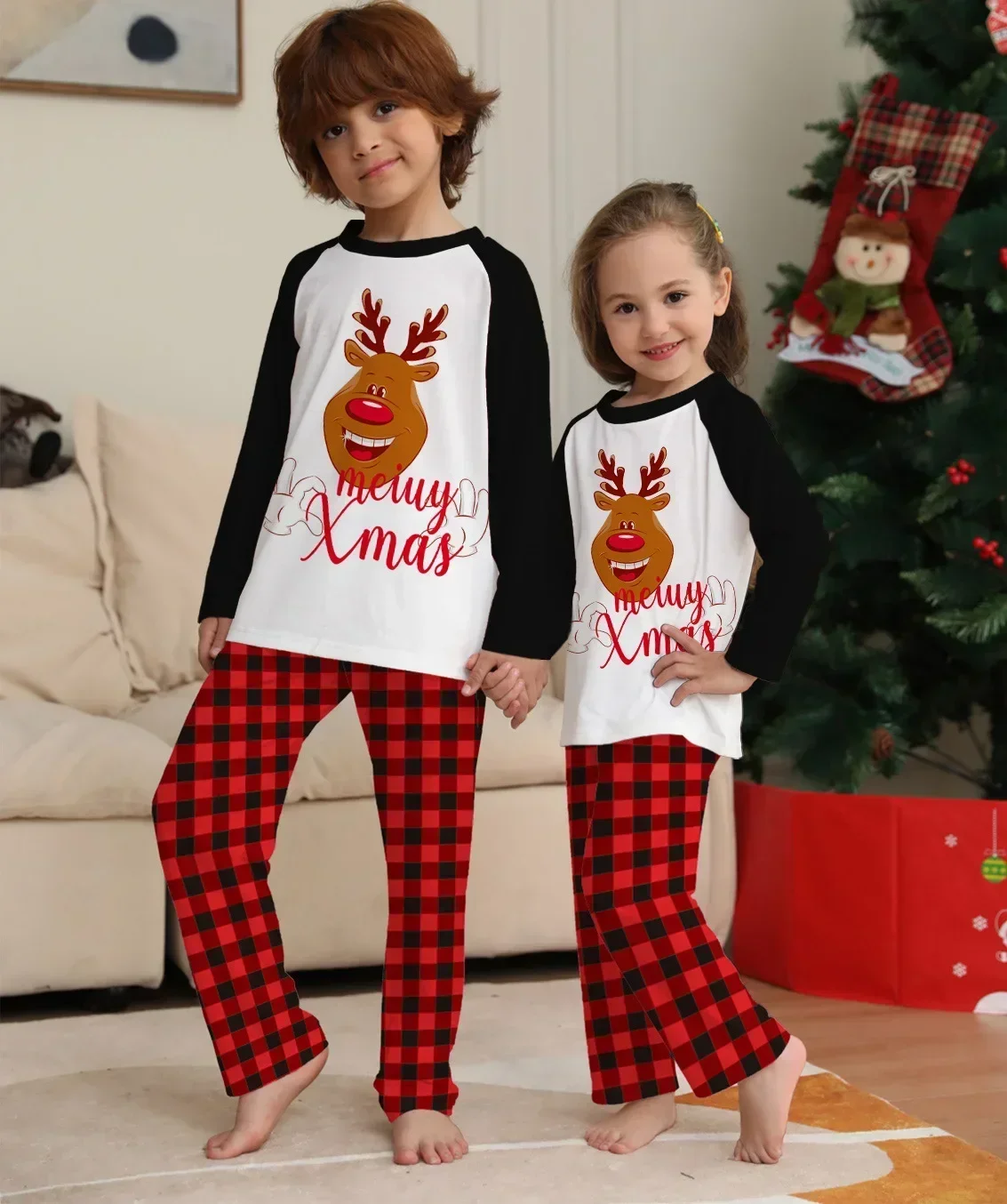 Merry Christmas Plaid Print Kids Pajamas Set Baby Romper Pjs Toddler Boys Girls Matching Pajama Sets
