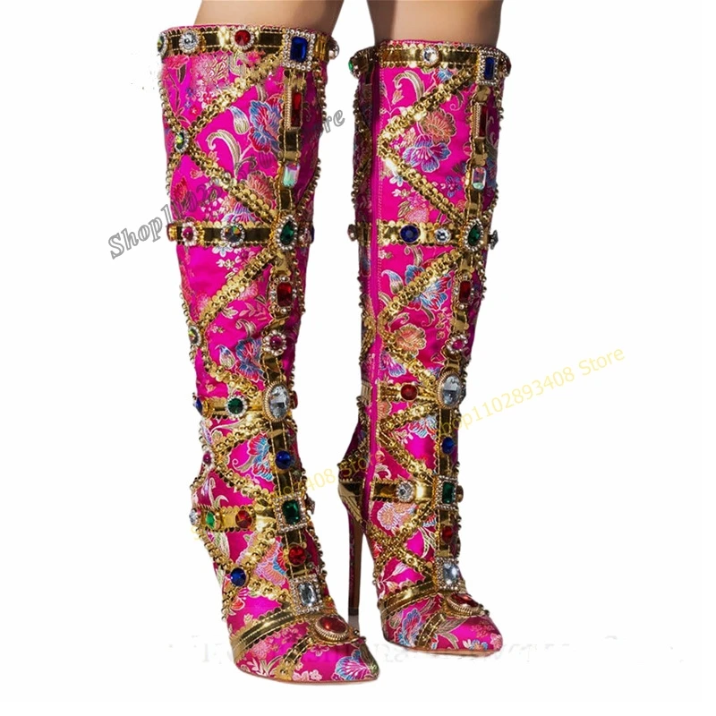 

Женские высокие сапоги до колена, розово-красные сапоги на высоком каблуке-шпильке с вышивкой, боковой молнией и принтом, 2023