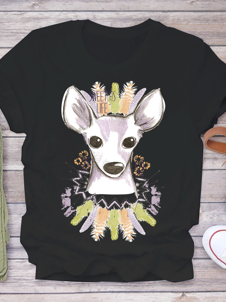 Women Tshirts deer Printing feather 90s Sweet Kawaii Black T-shirt Fashion Clothes Print Tee Tops Tshirt Female Graphic T-shirt peace love dogs print tshirt fashion women t shirt harajuku graphic tops tee cartoon cute tee shirts female graphic t shirt