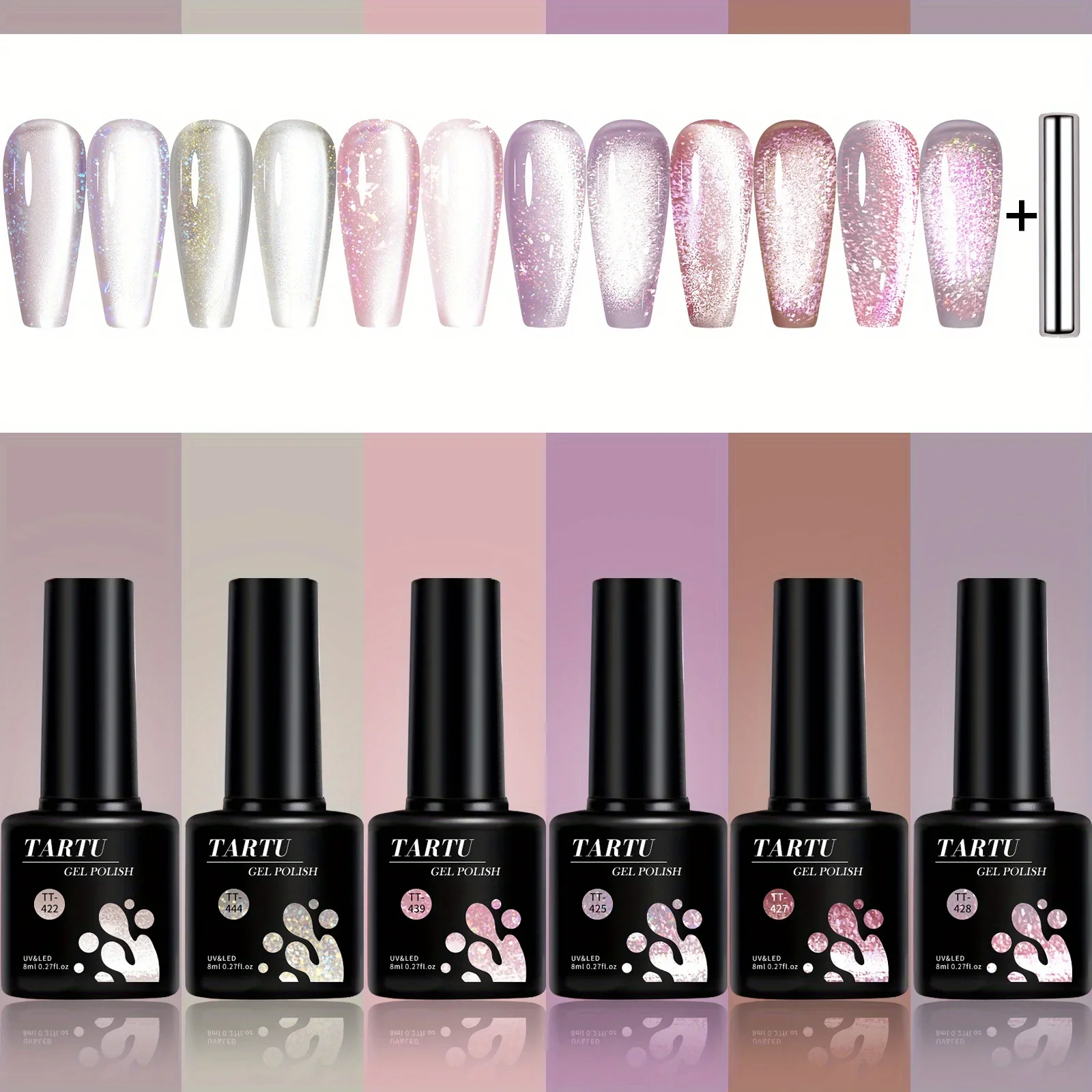 TARTU 6pcs 8ml Cat Eye Gel Nail Polish Set, 6 Colors Gel Polish Kit, Soak Off for Uv/Led, for Salon and Nail Art DIY At Home 2