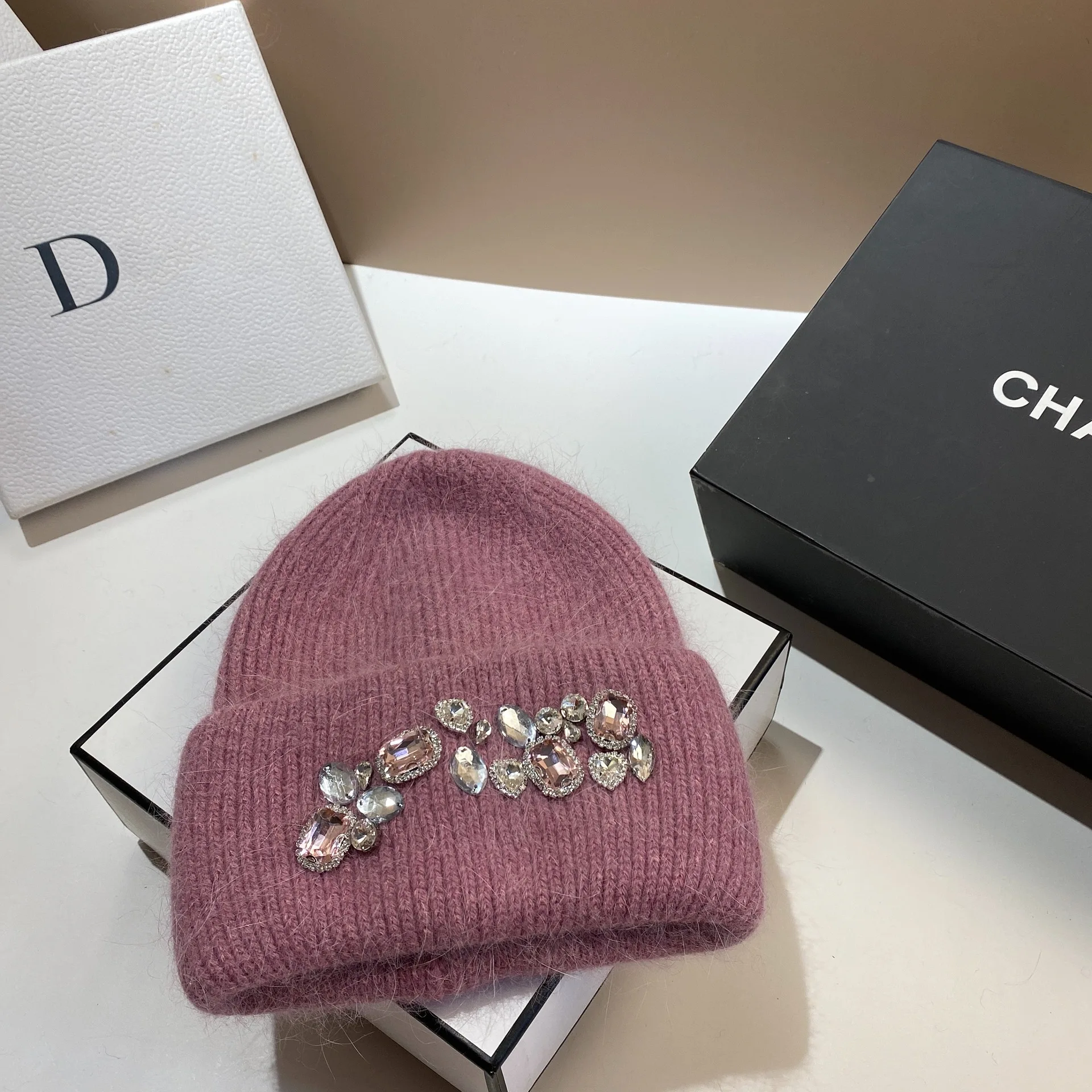 Echte Kaninchen Fell Gestrickte Hüte für Frauen Luxus Glänzenden Strass Winter Hut Casual Dame Warm Walking Skullies Beanies Caps – Detail 16