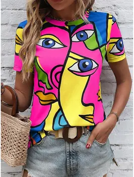 Summer Fashion Women's T Shirt Stylish Casual Abstract Print Short Sleeve Crew Neck Tees Round Neck Regular Tops