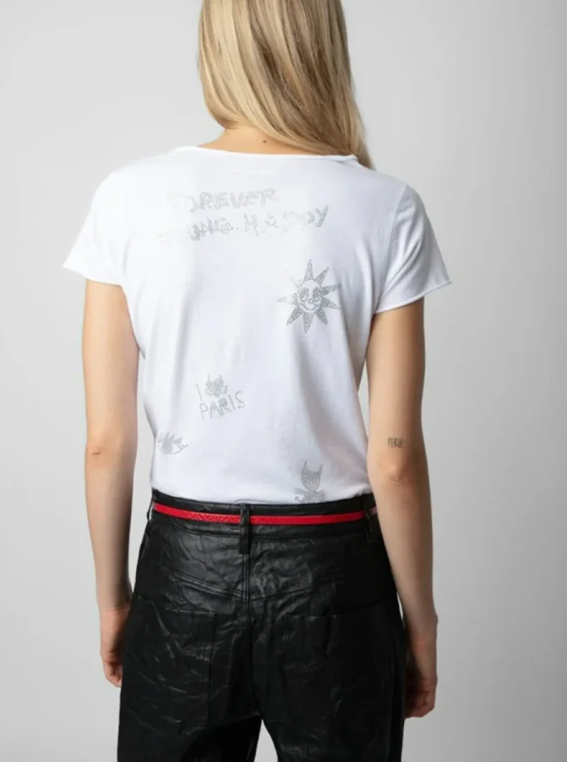 

Women White T-Shirt Letter Hot Rhinestone U-Neck Short Sleeve Ladies 2024 Spring Summer Tee Tops