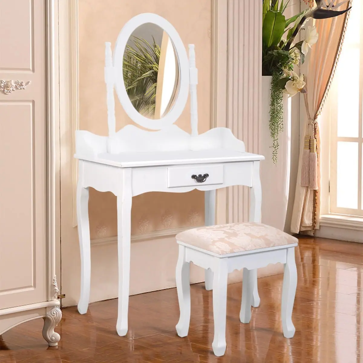 

Giantex Bathroom Vanity Table Set w/Mirror Cushioned Stool Makeup Dressing Table Set w/ 1 Drawer Wood Jewelry Cosmetics