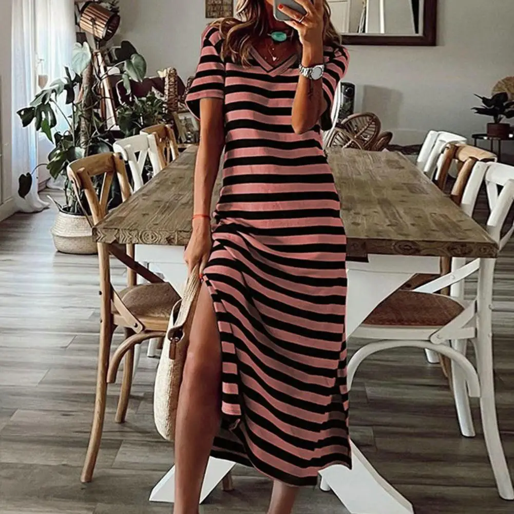 

Striped Dress Elegant Striped Print Midi Dress V Neck Short Sleeves Slim Fit Mid-calf Length for Office or Party Wear Summer