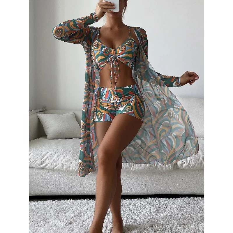Women's 3 Piece Swimsuit Floral Print Drawstring Ruched Halter Bikini Set Shorts Bathing Suit Kimono Cover Up Summer Beachwear
