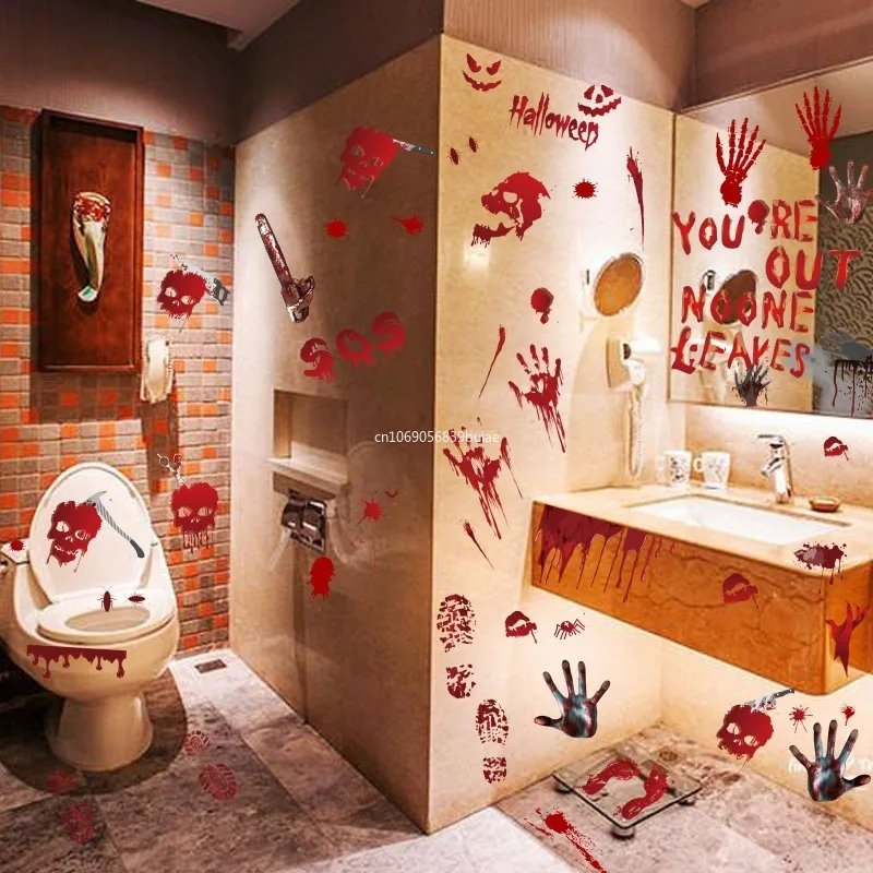 Halloween Decorative Stickers 13 Style Blood Print Window Stickers Static Attraction Adhesive and Removable Decoration Supply