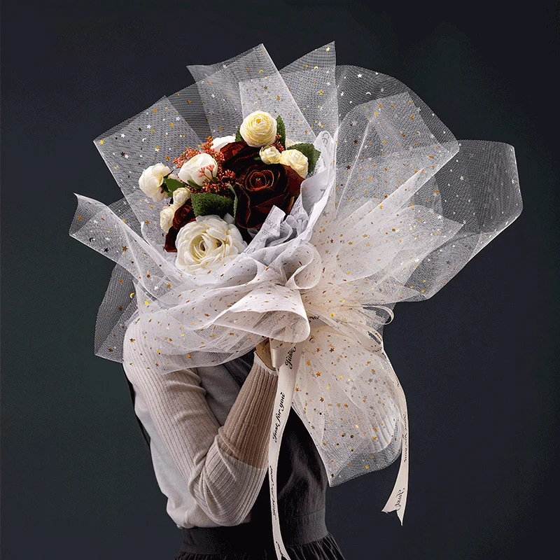 Papier Cadeau Maille Pour Bouquets De Fleurs - Blanc Avec Bord Doré, 28x365cm - Pour Mariage, Remise De Diplôme, Décoration