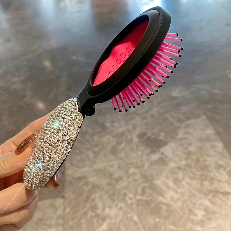 Oval air cushion folding comb artificial diamond-set mini with mirror portable hair comb 6
