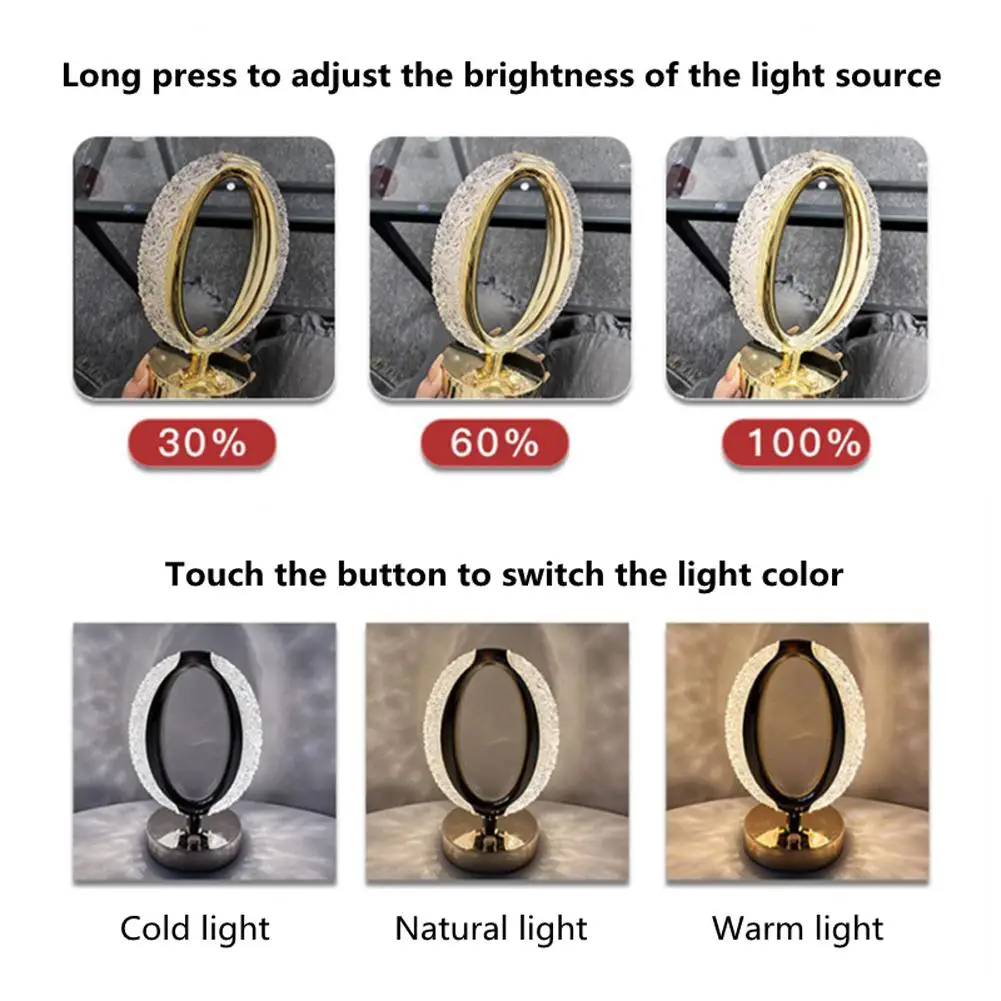 Led Crystal Table Lamp Portable O-Shaped Dimmable Desk Lamp Night Light For Home Bedroom Bedside Decoration
