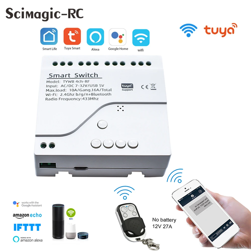 4Ch Rf Smart Switch Ac85-250V Dc7-32V Wifi Tuya Telecomando 433 Interruttore Luce 10A Rele Relè Autobloccante Interlock Inching
