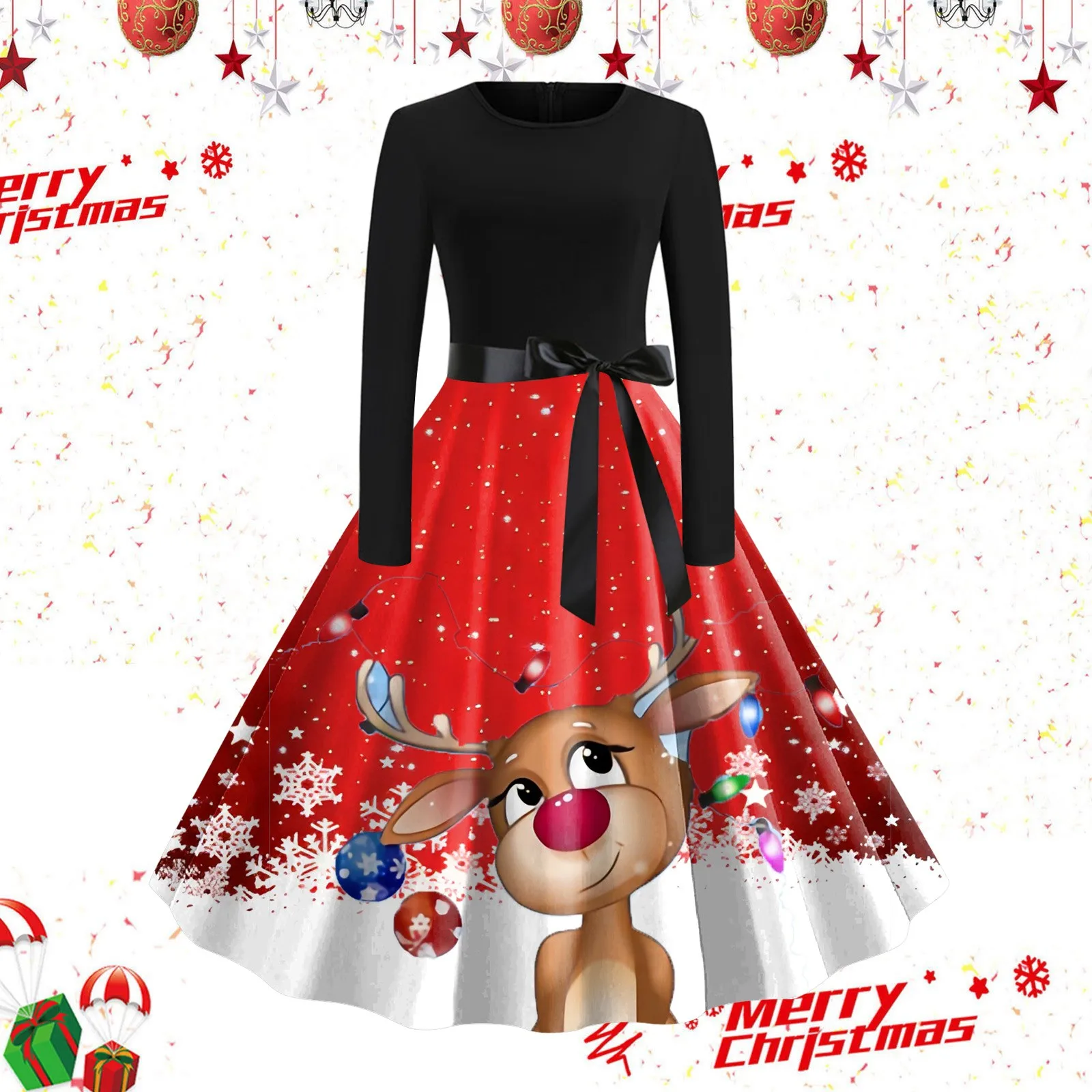 

Big Swing Elk Print Vintage Christmas Dress Women Autumn Winter Casual Long Sleeve V Neck Sexy New Year Party Dresses Vestido
