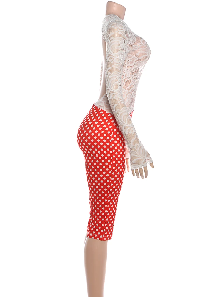 Kliou Spitze Patchwork Playsuits Frau Oansatz Volle Hülse Backless Polka Dot Print Dünne Pfirsich Hüfte Mitternacht Club Party Strampler – Detail 4