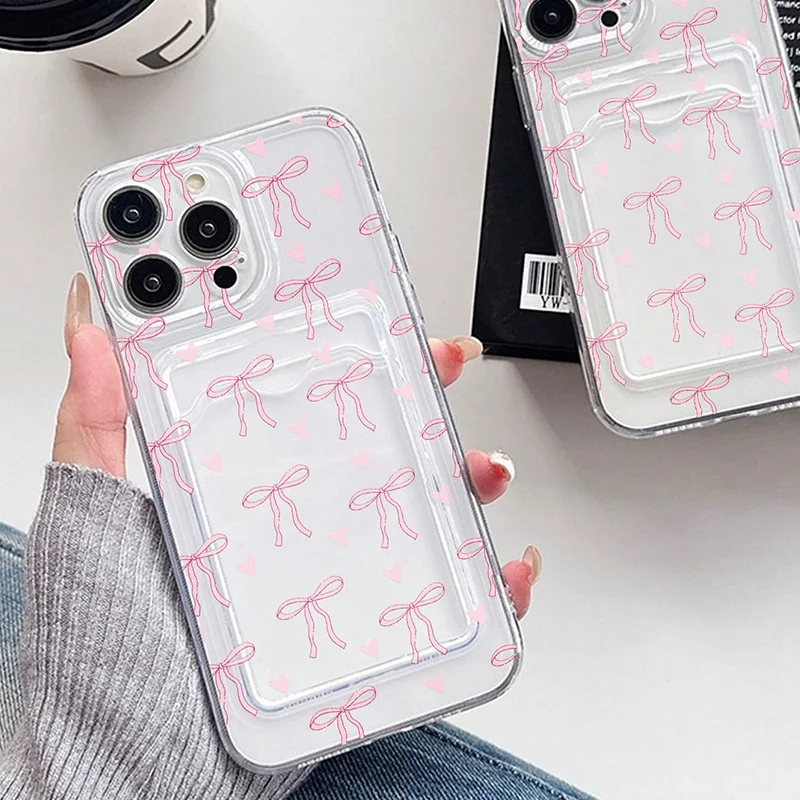 iPhone Case Transparent Card Slot Bag Holder Wallet With Bow Print Cover For iPhone 16 15 14 Pro Max 13 12 11 XS X XR 7 8 Plus SE