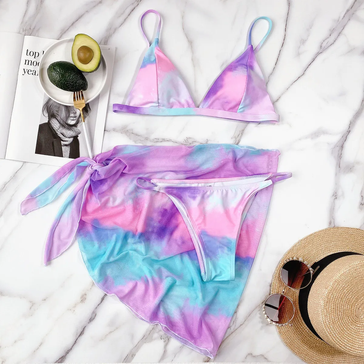 Tie Dye Swimsuit Bikini Fashion Swimsuit Women 3 Pieces Floral Bikinis Set Classic Womens Swimsuits High Waist L