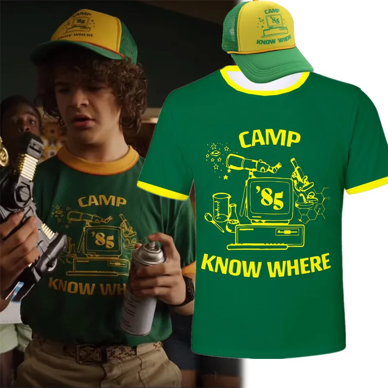 

Костюм для косплея фильма «очень странные дела 3», зеленая желтая футболка с 3D принтом, с коротким рукавом, бейсболка Дастина Хендерсона