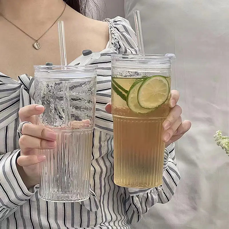 600ML Stripe Glass Cup With Lid and Straw Transparent Ice American Coffee Cup Summer Ice Drinking Cup Bubble Tea Cup Juice Glass