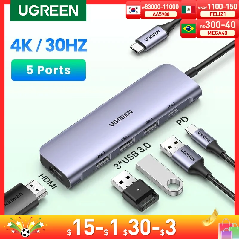 

USB-концентратор UGREEN, USB Type-C на 4K HDMI, PD100W, быстрое подключение USB 3,0, многофункциональная док-станция для MacBook Pro Air, аксессуары для ноутбуков