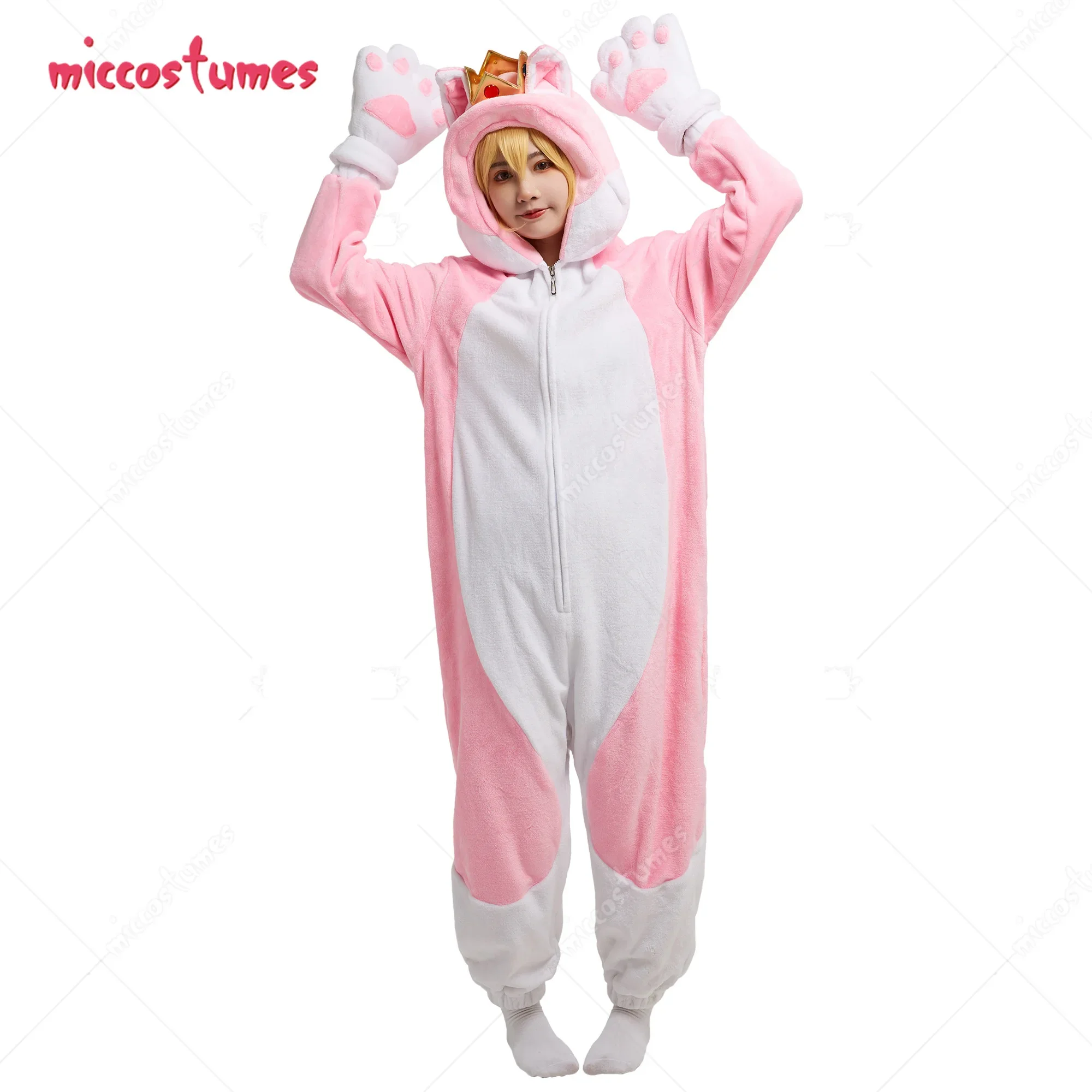 Miccostumes Women Peach Derivative Cat Pink Onesie Pajama Adult Onesie Homewear Kigurumi Hooded Loungewear Costume Outfits cosplay costumes kigurumi pajamas