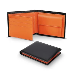Premium Genuine Leather RFID Blocking Slim Trifold Wallet with Coin Pocket and ID Window - Minimalist Design (Black Orange)