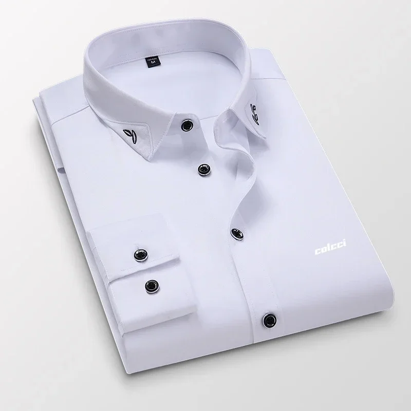 

novos negócios dos homens camisa de outono casual manga longa camisa branca moda bordado estiramento camisa masculina roupas