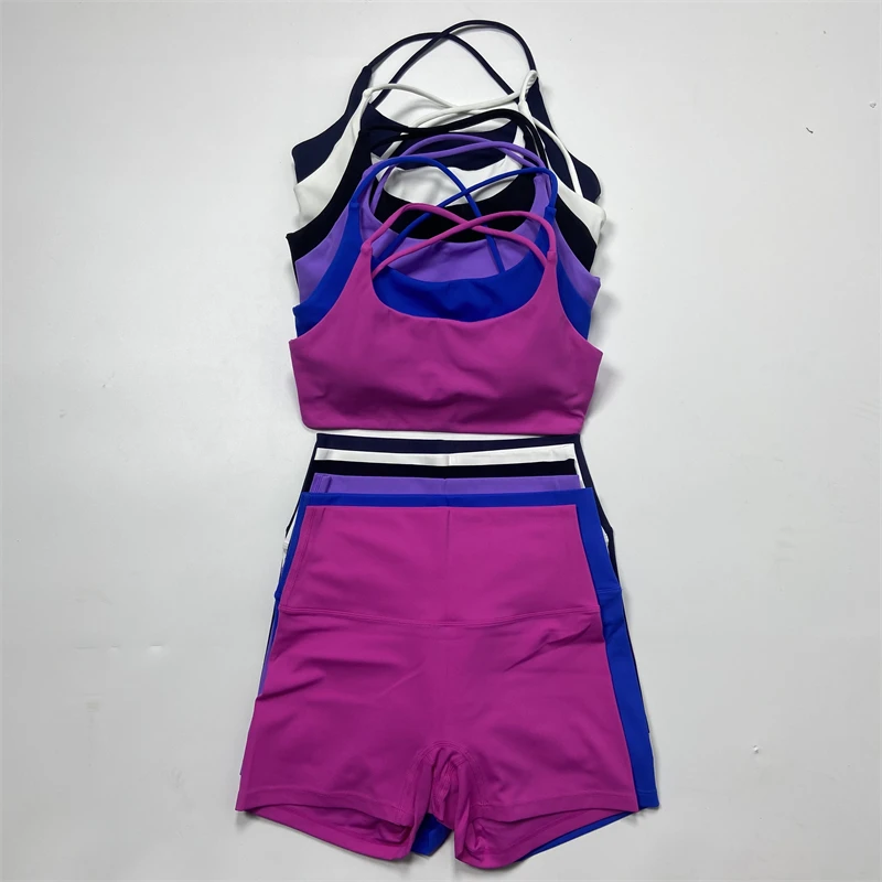 

Комплект спортивных шорт Luluwomen для спортзала, одежда для йоги и тренировок, комплект из 2 предметов с бюстгальтером с перекрестной спинкой, костюм для фитнеса, короткие леггинсы с высокой талией, спортивный костюм для бега