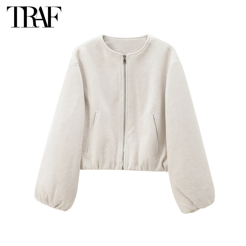 TRAF 2024 Fleece Bomber Jackets for Women Soft Zipper Woman’s Sports Jacket Long Sleeve Cropped Jacket Women Coats Outerwears Best Sellers In Women's Clothing