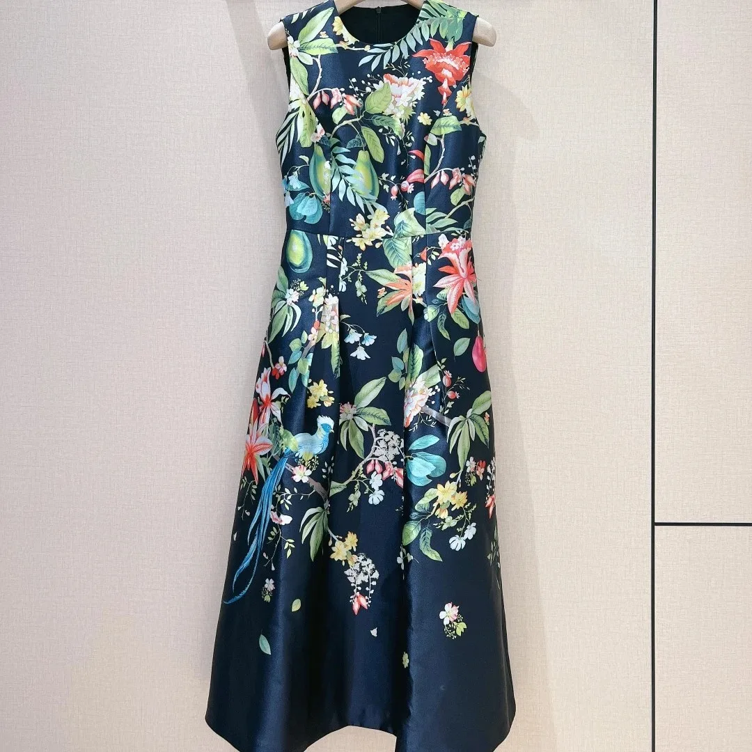 

Black Floral Leaf Print Sleeveless Waist Positioning Pleating Technology O-Neck 2024 New Arrivals High Quality Midi Dress