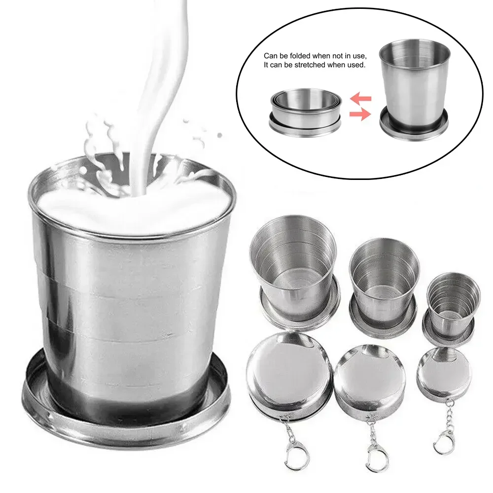 Stainless Steel Portable Water Drinking Cup Folding Cup Retractable Telescopic Collapsible Cups for Outdoor Travel with Keychain