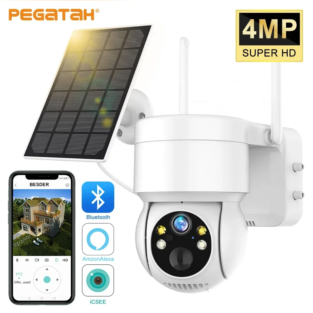 PEGATAH WiFi PTZ Camera Solar Security Camera 4MP HD Built-in Battery Video Surveillance Cam Outdoor Long Time Standby ICsee APP