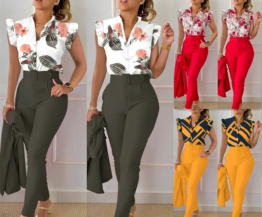 Print Button Flying Sleeve Two Piece Set V-neck Shirt Belt Pants Elegant Suits 2023 Fashion Women Slim Fit Office Lady Blouses поздравление сезона n flying 2023 письмо моему n fia