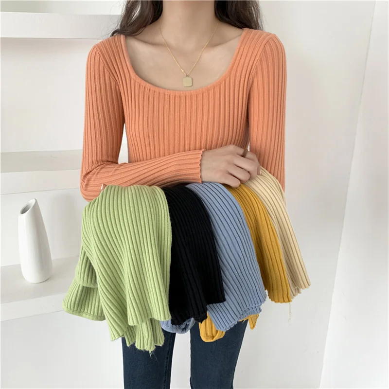 

Women Winter Clothes Solid Sexy Deep V Elastic Sweater Tops Female Black Gray Yellow Long Sleeve Pullovers Women Basic Tops Girl