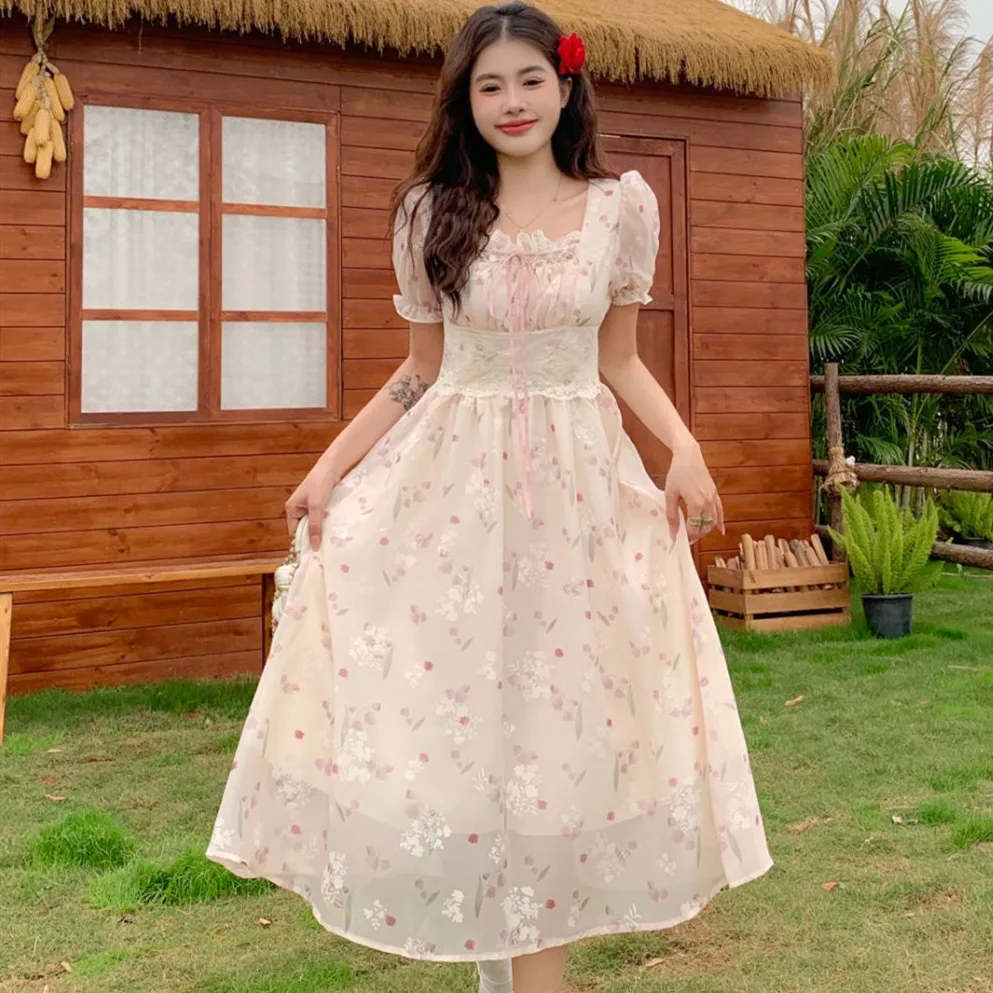 

Женское шифоновое платье с принтом, длинное приталенное платье большого размера с квадратным вырезом и коротким рукавом, лето 2024