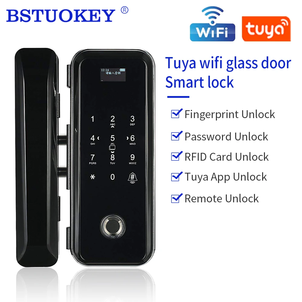 

Fingerprint 2.4G Wifi Tuya APP RFID Card Code Electronic Smart Lock for Framed Frameless Glass Sliding Door Keyless No Wiring