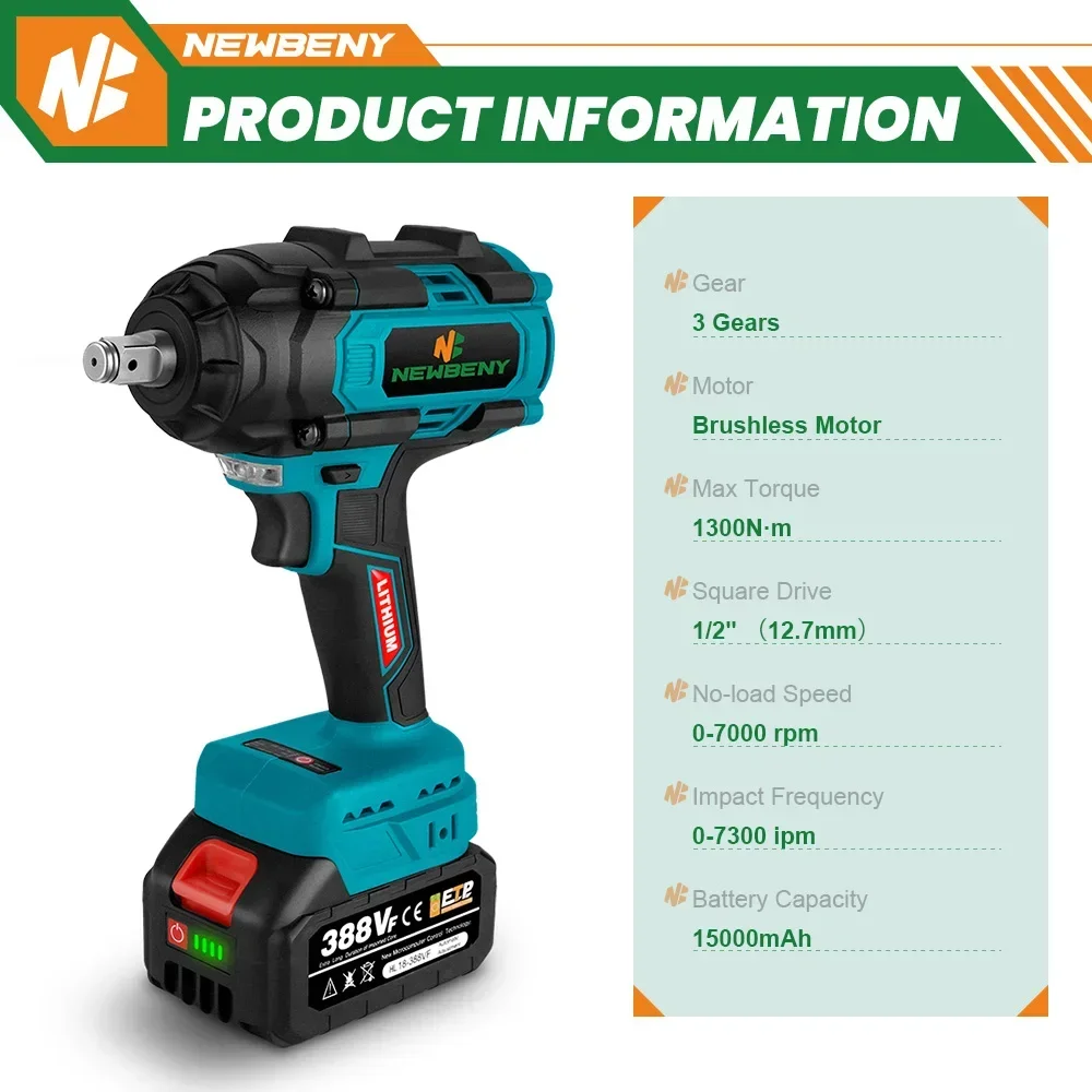 1300N.m Brushless Electric Impact Wrench 1/2 Inch 3Gears Variable Efficient Cordless Car Repair Power Tool For Makita 18VBattery