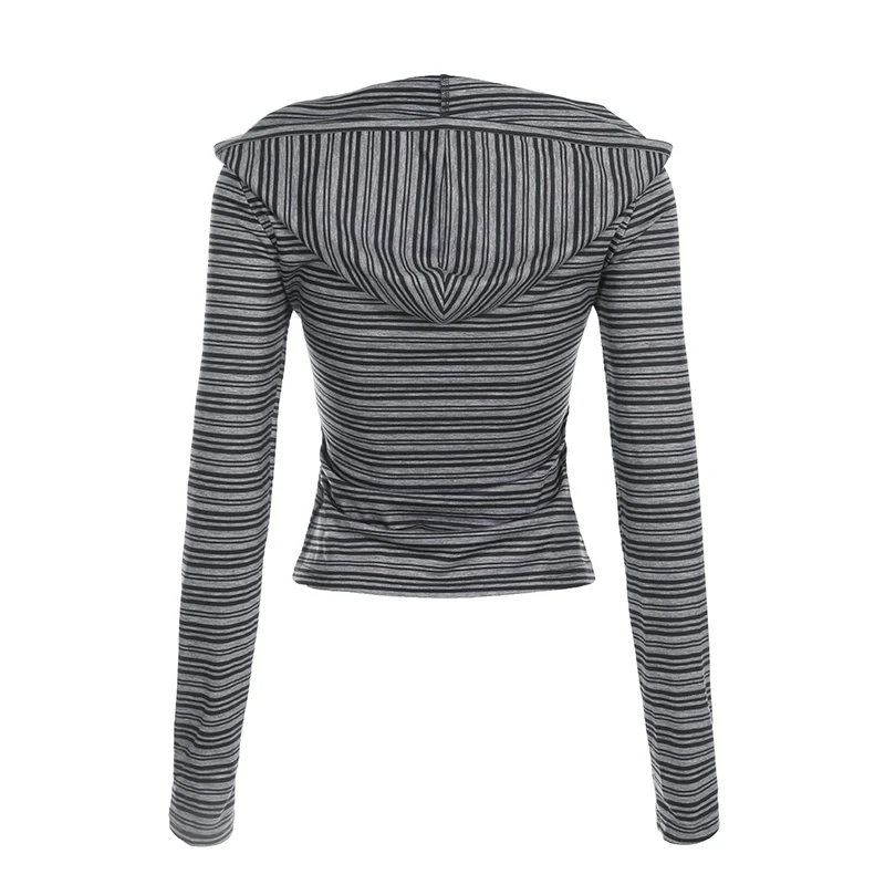 Casual Striped Breasted Long Sleeve Hooded T-Shirts Women Design Slim Fit Simple Fashion Blouses 6