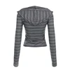 Casual Striped Breasted Long Sleeve Hooded T-Shirts Women Design Slim Fit Simple Fashion Blouses 6