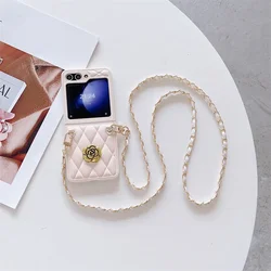 Elegant Leather Crossbody Phone Case with Chain Strap and Shockproof Design for Galaxy Z Flip5 (White)