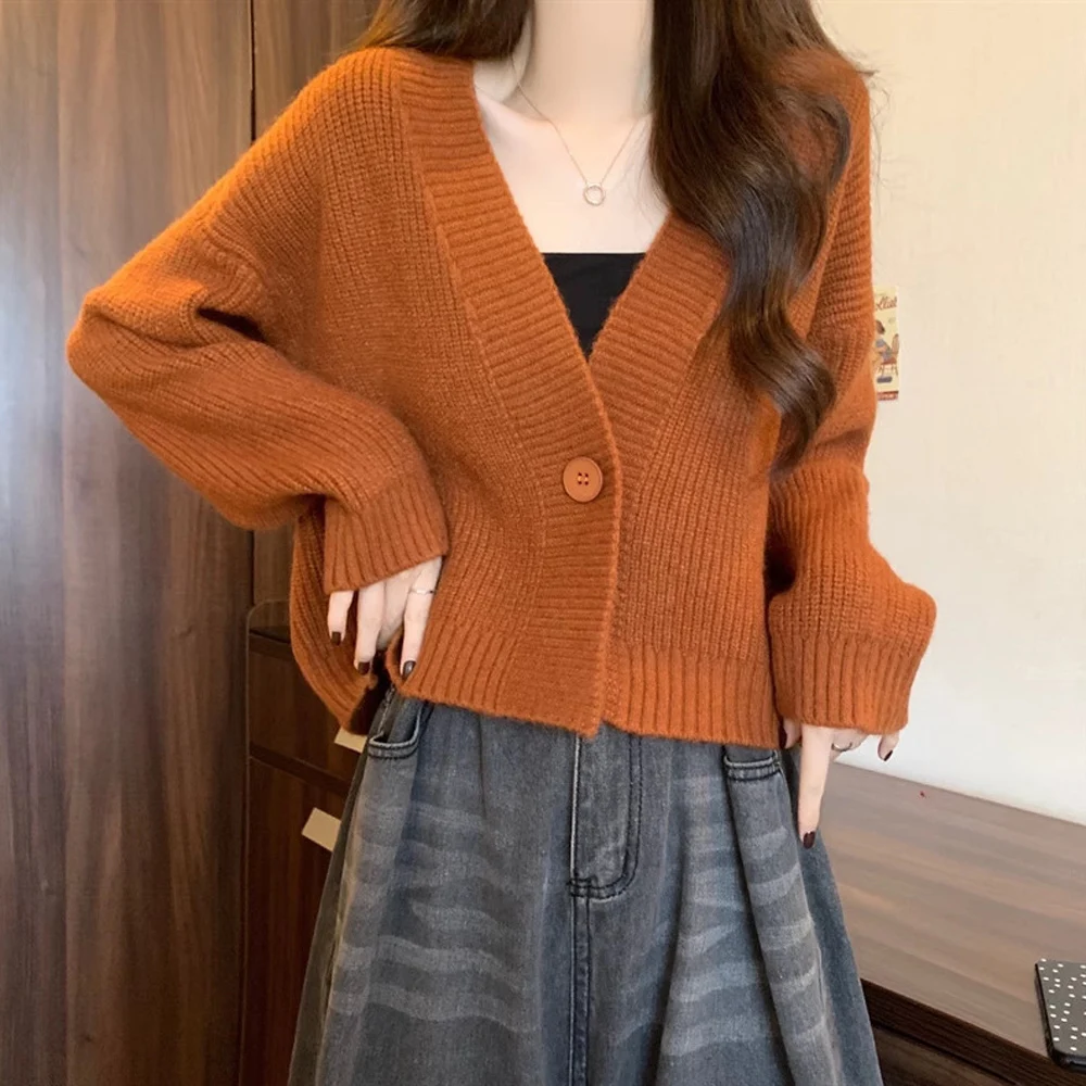 Women Knitted V Neck Long Sleeve Solid Color Sweater Cardigan