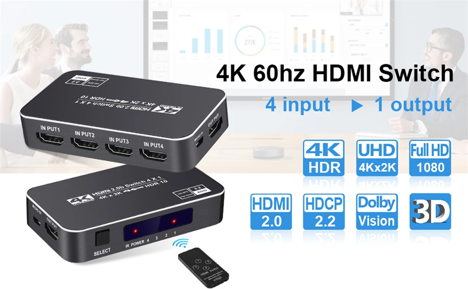 Remote HDMI Switcher 4K 60Hz 4 Port HDMI Switch 4 input 1 output HDMI Splitter A